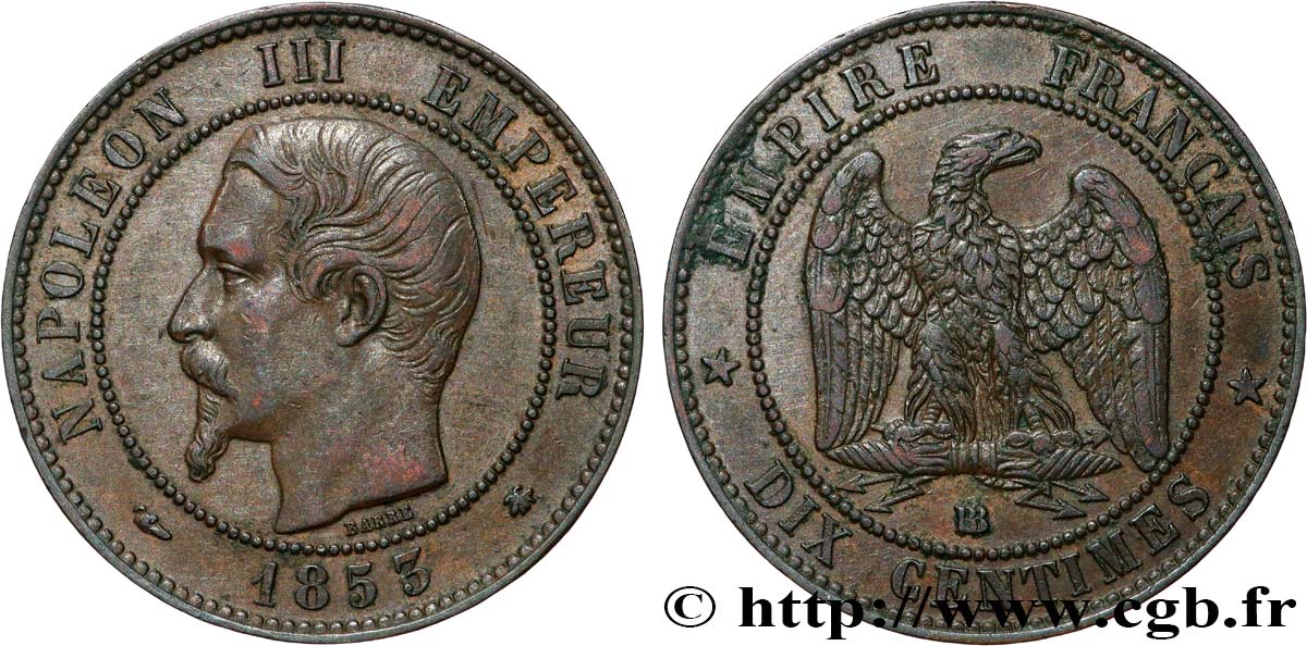 Dix centimes Napoléon III, tête nue 1853 Strasbourg F.133/4 TTB50 