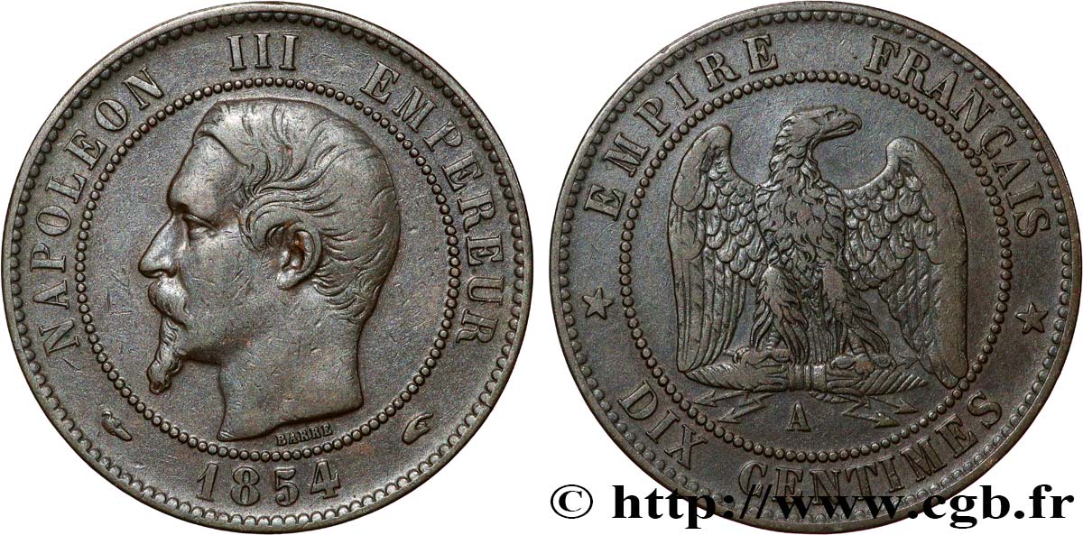 Dix centimes Napoléon III, tête nue 1854 Paris F.133/11 TTB40 