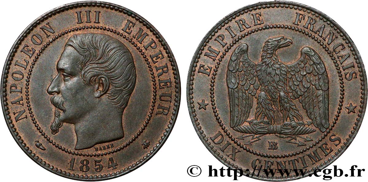 Dix centimes Napoléon III, tête nue 1854 Strasbourg F.133/13 SPL62 