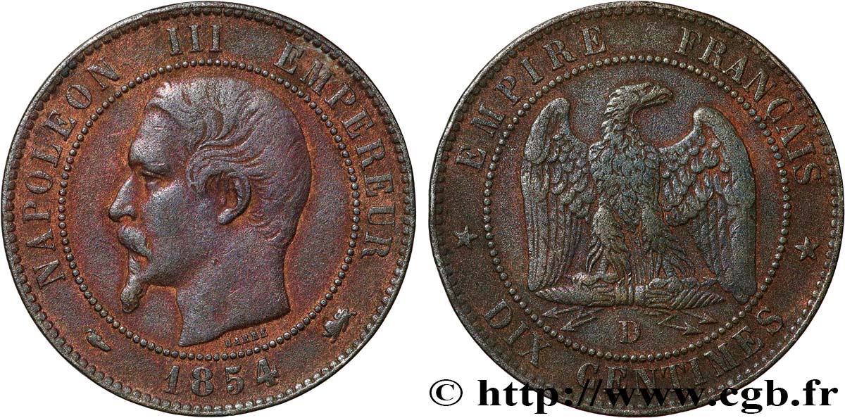 Dix centimes Napoléon III, tête nue 1854 Lyon F.133/15 TB 