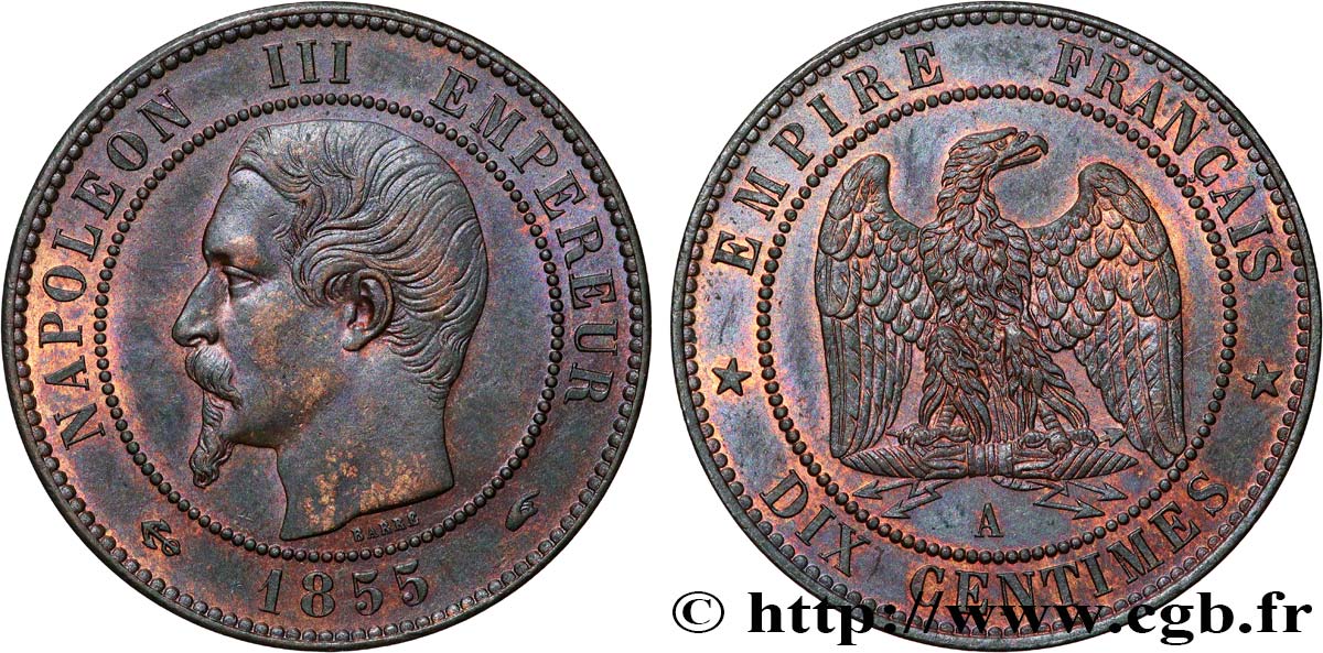 Dix centimes Napoléon III, tête nue 1855 Paris F.133/20 SUP61 