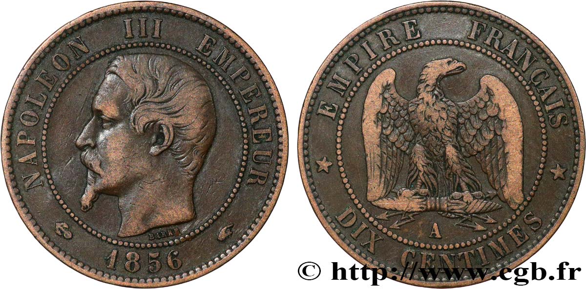 Dix centimes Napoléon III, tête nue 1856 Paris F.133/34 TB30 