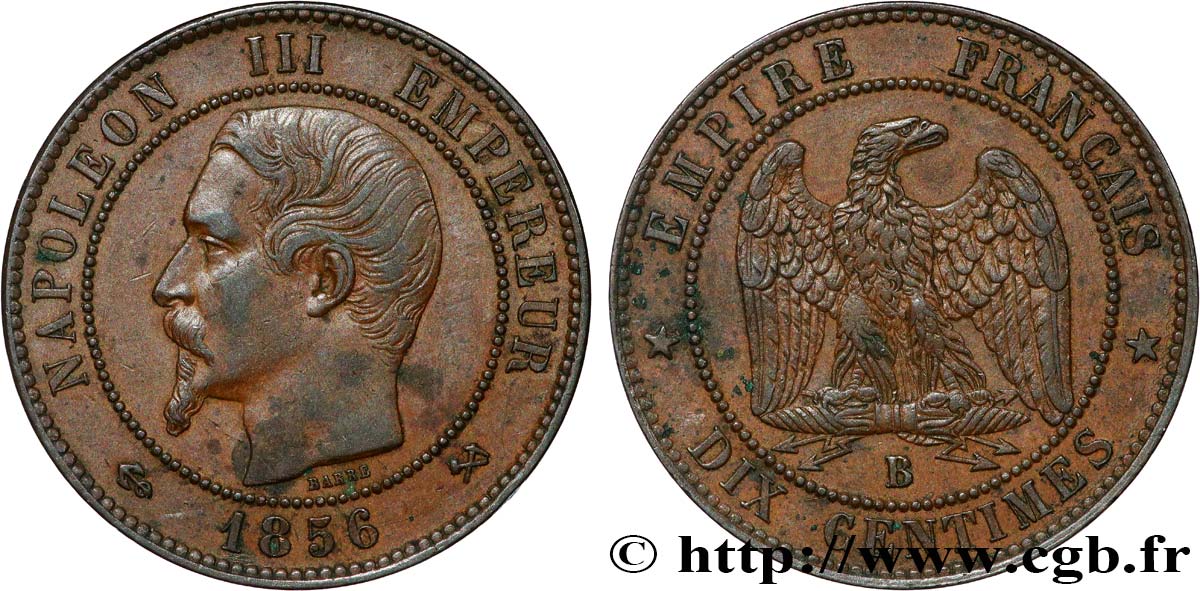 Dix centimes Napoléon III, tête nue 1856 Rouen F.133/35 TTB53 