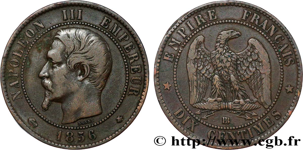 Dix centimes Napoléon III, tête nue 1856 Strasbourg F.133/36 TB+ 