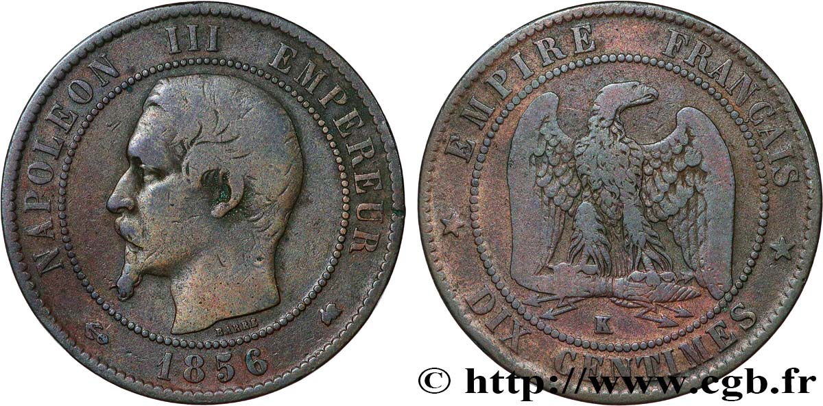 Dix centimes Napoléon III, tête nue 1856 Bordeaux F.133/38 TB15 