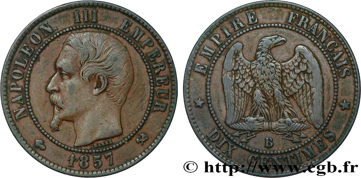 Dix centimes Napoléon III, tête nue 1857 Rouen F.133/42 XF40 