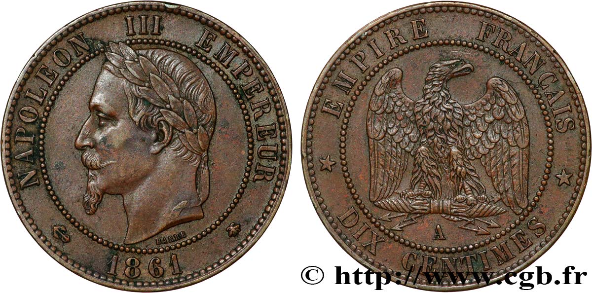 Dix centimes Napoléon III, tête laurée 1861 Paris F.134/4 EBC55 