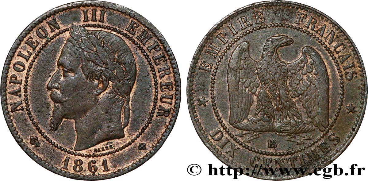 Dix centimes Napoléon III, tête laurée 1861 Strasbourg F.134/5 BC+ 