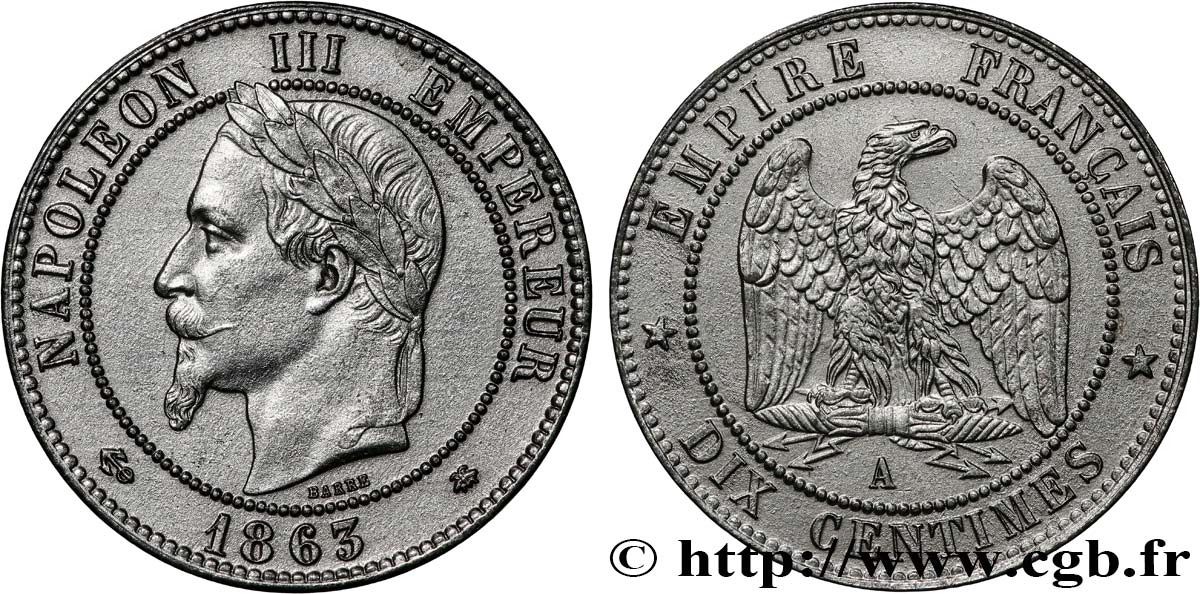 Dix centimes Napoléon III, tête laurée, plaqué nickel 1863 Paris F.134/10 var. SUP 