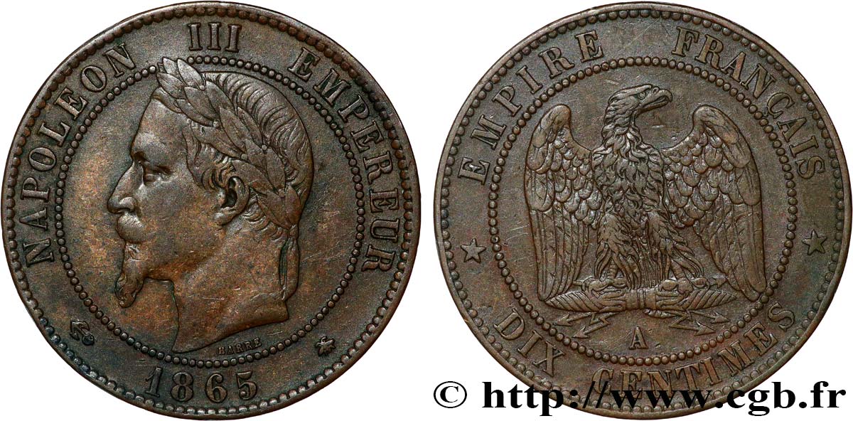 Dix centimes Napoléon III, tête laurée 1865 Paris F.134/16 SS45 