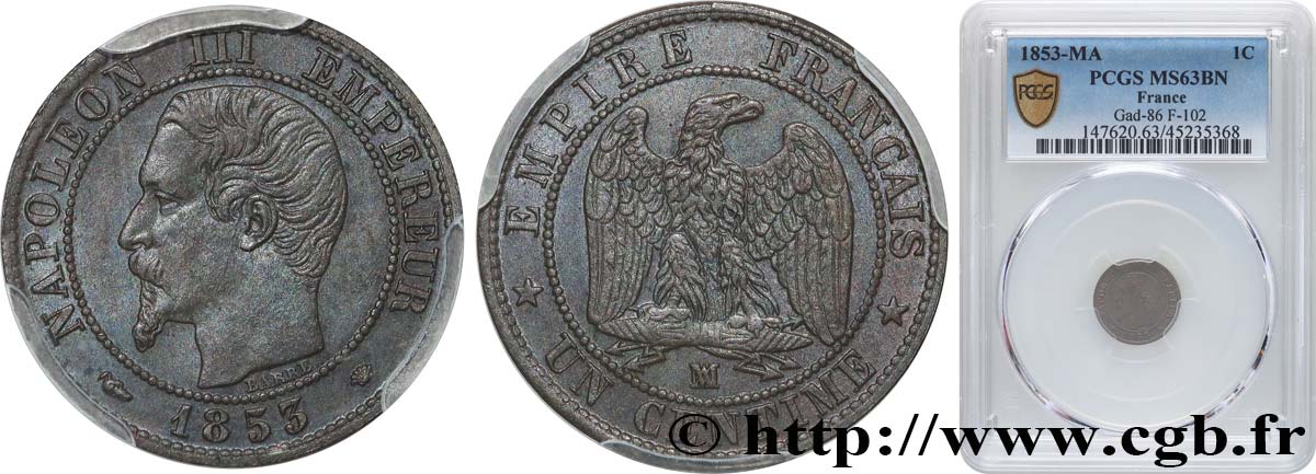 Un centime Napoléon III, tête nue 1853 Marseille F.102/7 SPL63 PCGS