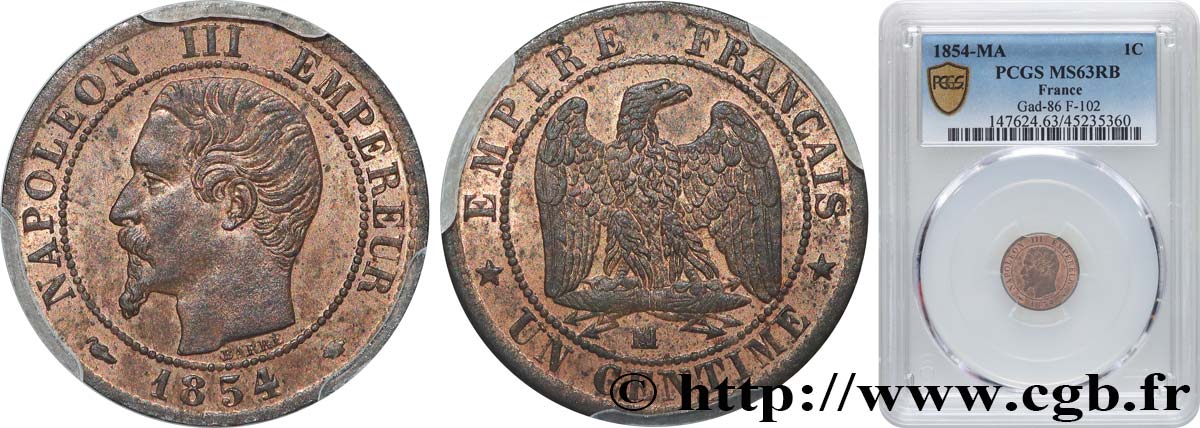 Un centime Napoléon III, tête nue 1854 Marseille F.102/14 SPL63 PCGS