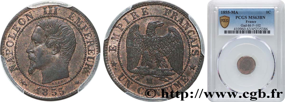 Un centime Napoléon III, tête nue 1855 Marseille F.102/23 fST63 PCGS