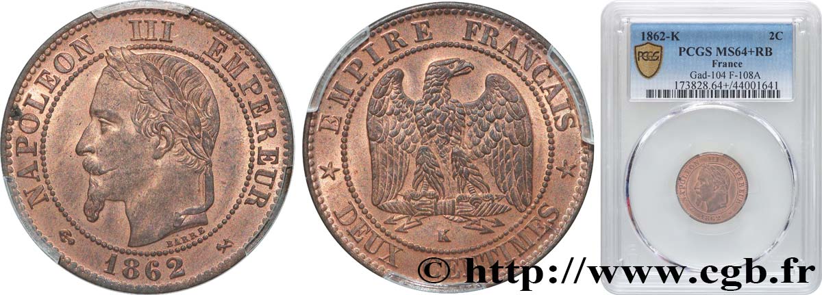 Deux centimes Napoléon III, tête laurée 1862 Bordeaux F.108A/7 fST64 PCGS