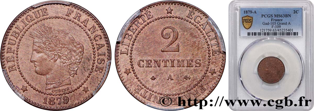 2 centimes Cérès 1879 Paris F.109/6 SPL63 PCGS