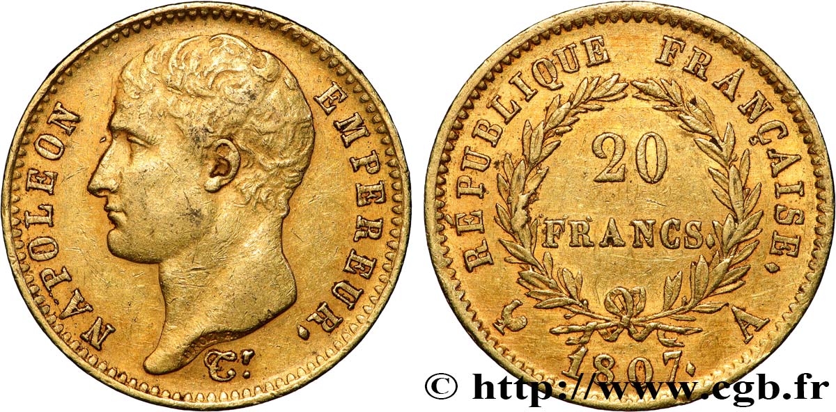 20 francs or Napoléon tête nue, type transitoire 1807 Paris F.514/1 TTB50 
