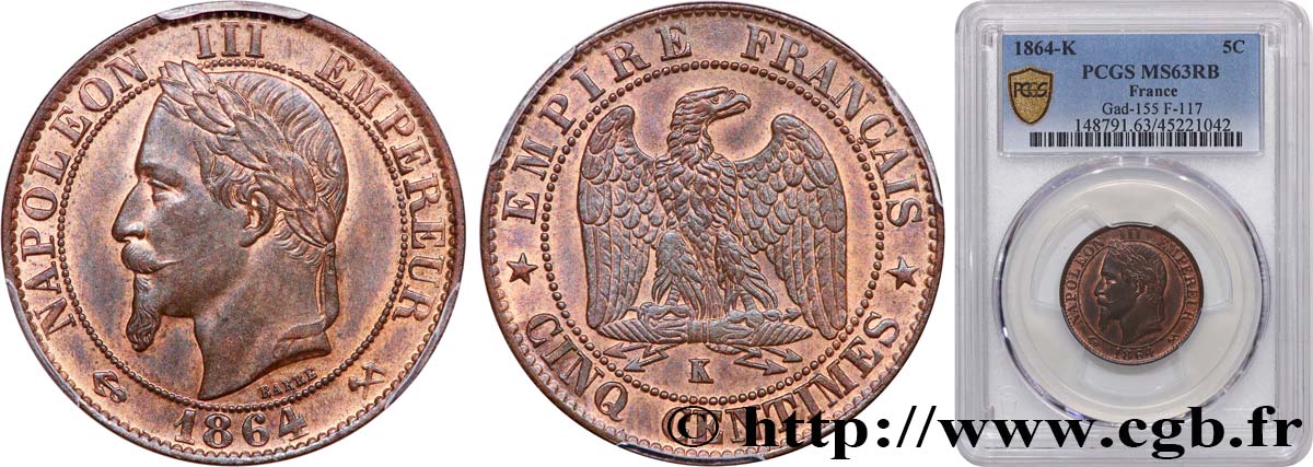 Cinq centimes Napoléon III, tête laurée 1864 Bordeaux F.117/15 SPL63 PCGS