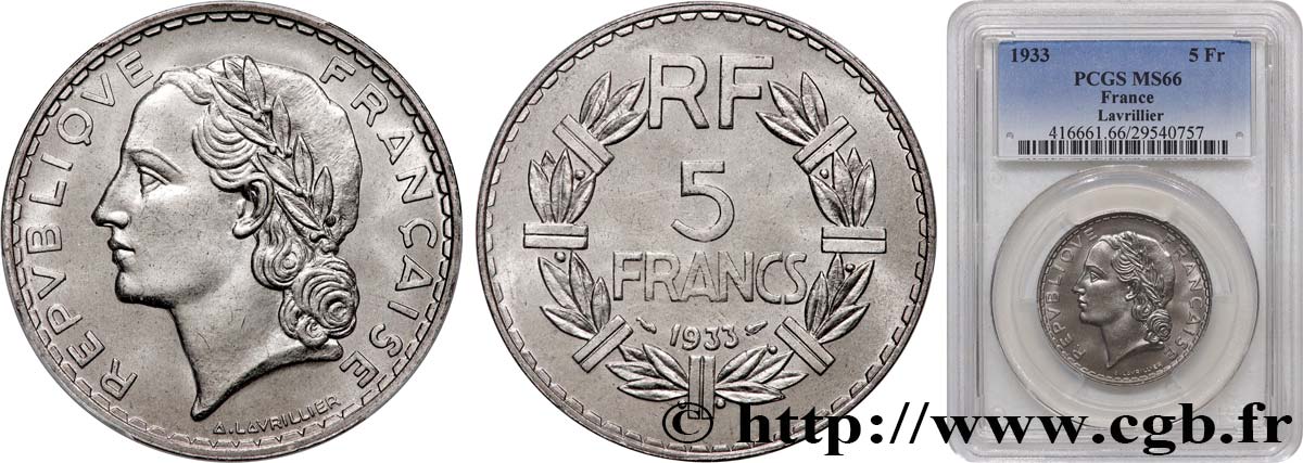 5 francs Lavrillier, nickel 1933  F.336/2 MS66 PCGS