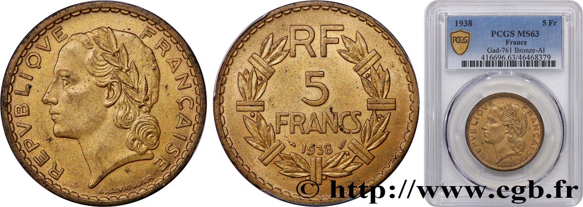 5 francs Lavrillier, bronze-aluminium 1938  F.337/1 SC63 PCGS