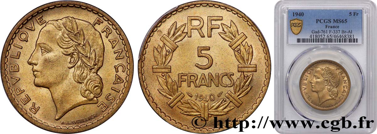 5 francs Lavrillier, bronze-aluminium 1940  F.337/4 FDC65 PCGS