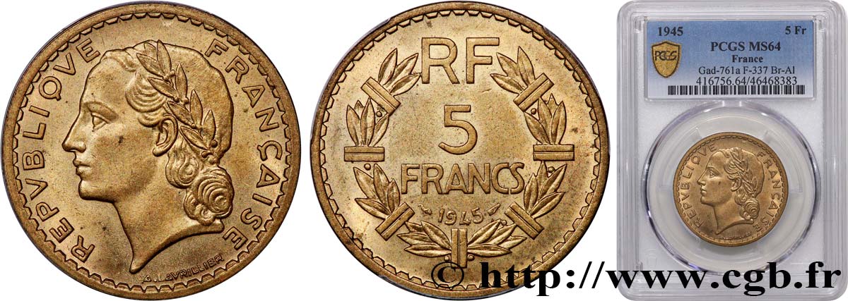 5 francs Lavrillier, bronze-aluminium 1945  F.337/5 SPL64 PCGS