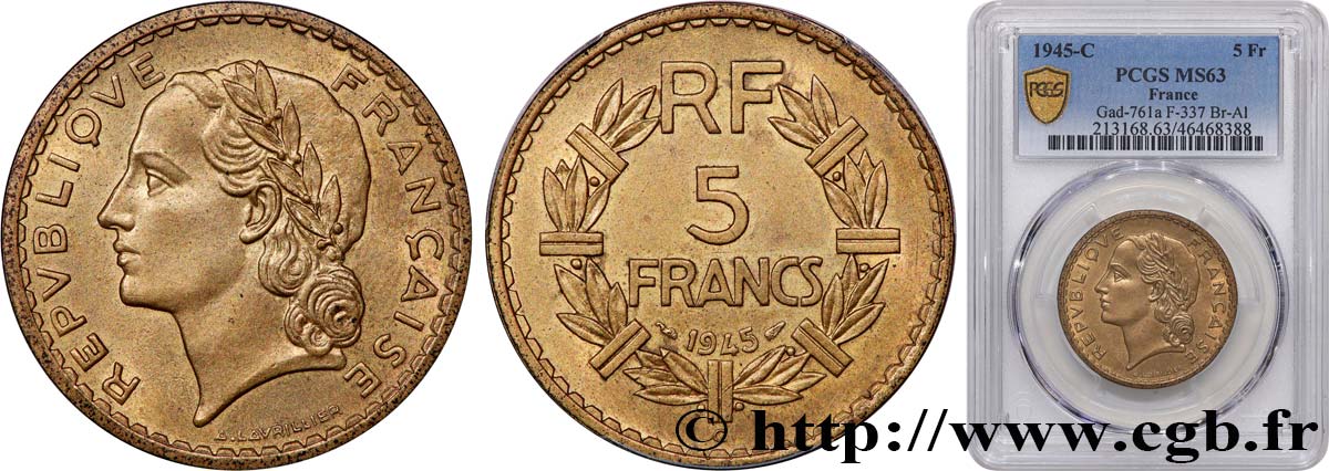 5 francs Lavrillier, bronze-aluminium 1945 Castelsarrasin F.337/6 MS63 PCGS