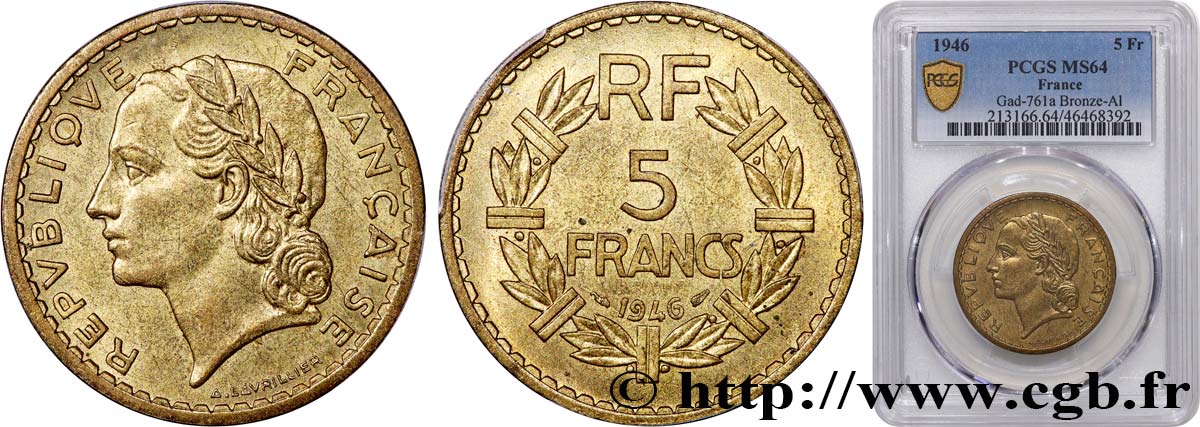 5 francs Lavrillier, bronze-aluminium 1946  F.337/7 SPL64 PCGS