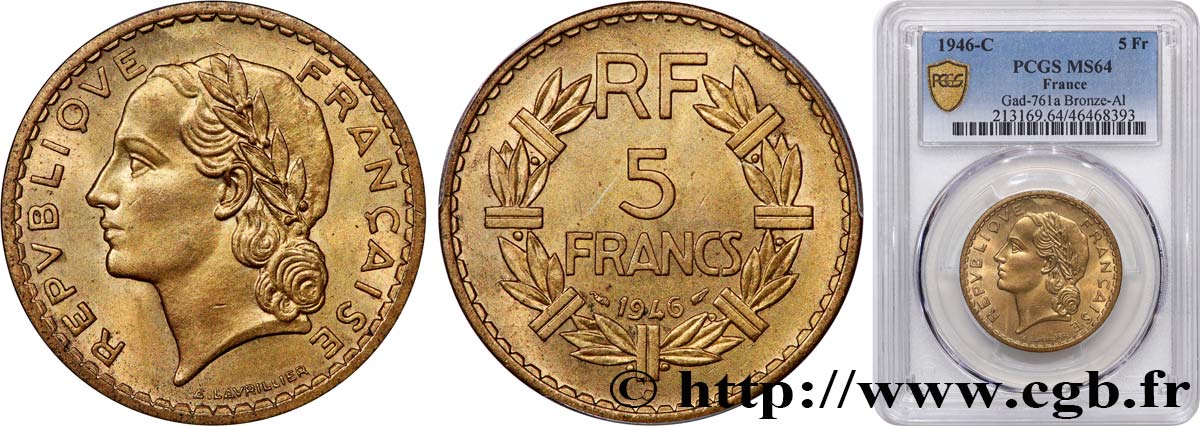 5 francs Lavrillier, bronze-aluminium 1946 Castelsarrasin F.337/8 fST64 PCGS