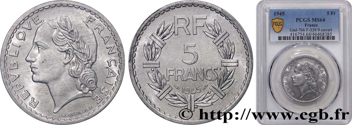 5 francs Lavrillier, aluminium, 9 ouvert 1945  F.339/3 fST64 PCGS