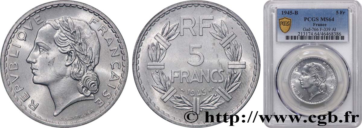 5 francs Lavrillier, aluminium 1945 Beaumont-Le-Roger F.339/4 MS64 PCGS