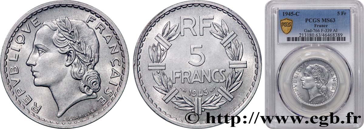 5 francs Lavrillier, aluminium 1945 Castelsarrasin F.339/5 fST63 PCGS