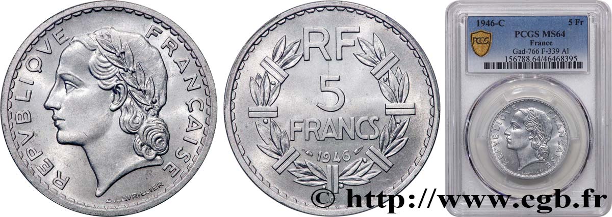 5 francs Lavrillier, aluminium 1946 Castelsarrasin F.339/8 SPL64 PCGS