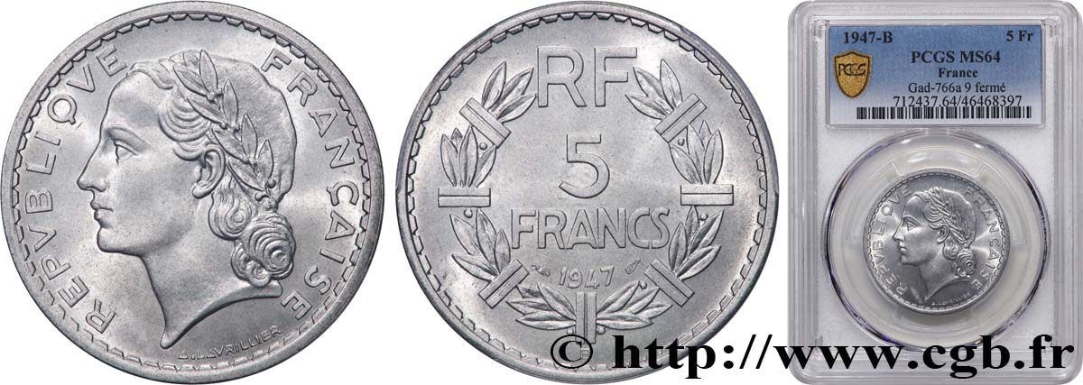 5 francs Lavrillier, aluminium 1947 Beaumont-Le-Roger F.339/12 fST64 PCGS