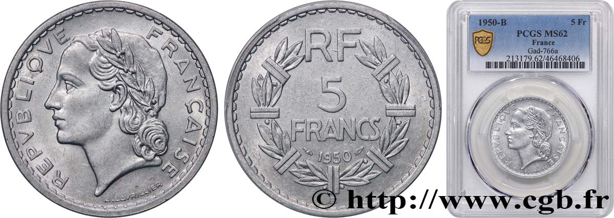 5 francs Lavrillier, aluminium 1950 Beaumont-Le-Roger F.339/21 EBC62 PCGS