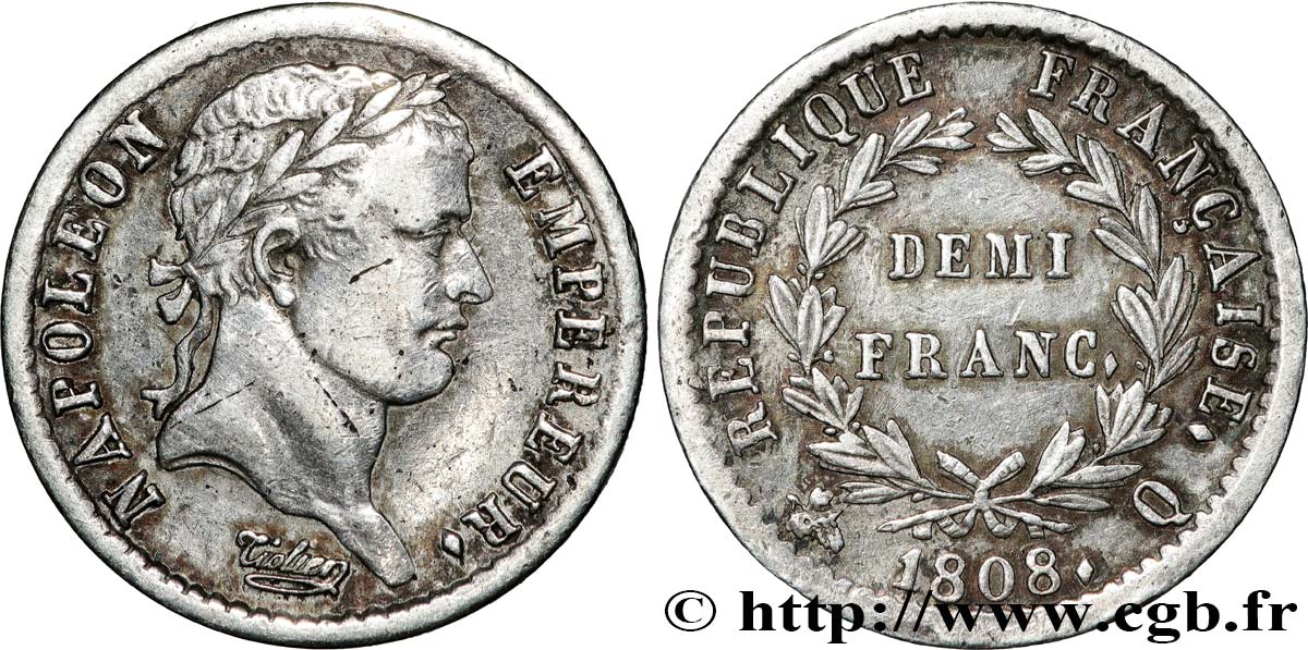 Demi-franc Napoléon Ier tête laurée, République française, buste fin 1808 Perpignan F.177/13 TTB 