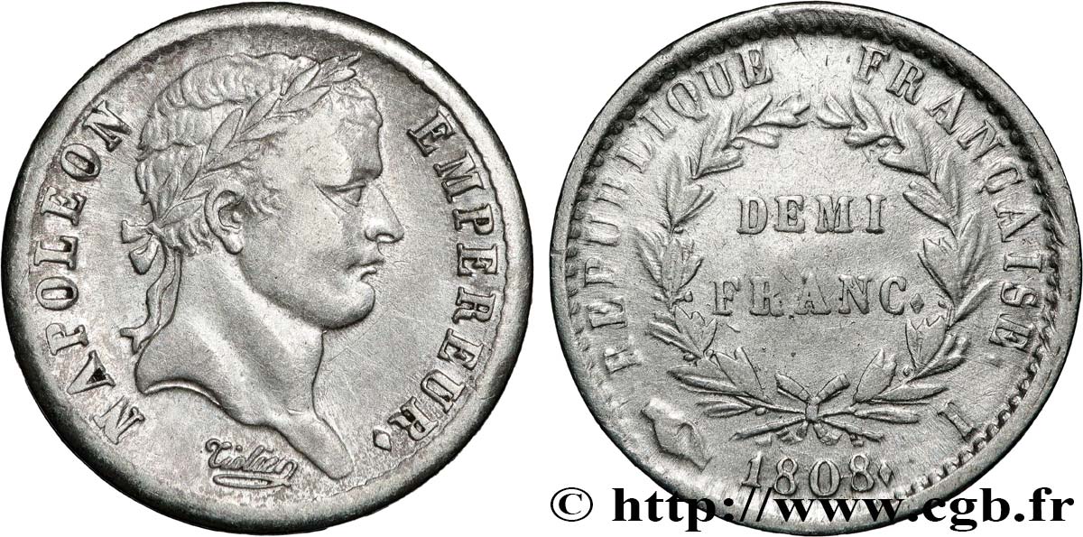 Demi-franc Napoléon Ier tête laurée, République française 1808 Limoges F.177/8 fSS 