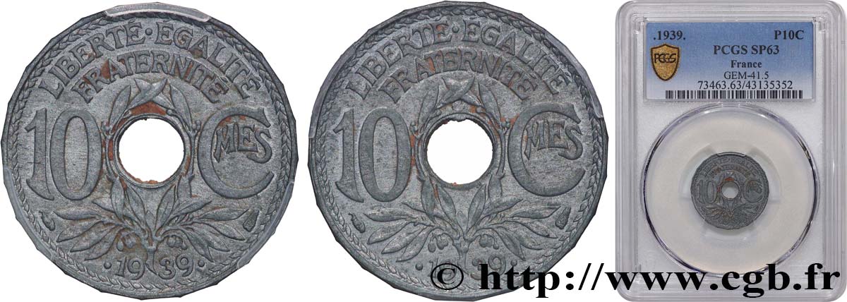 Épreuve double revers de 10 centimes Lindauer en zinc, tranche à 24 pans 1939 Paris GEM.41 5 SPL63 PCGS