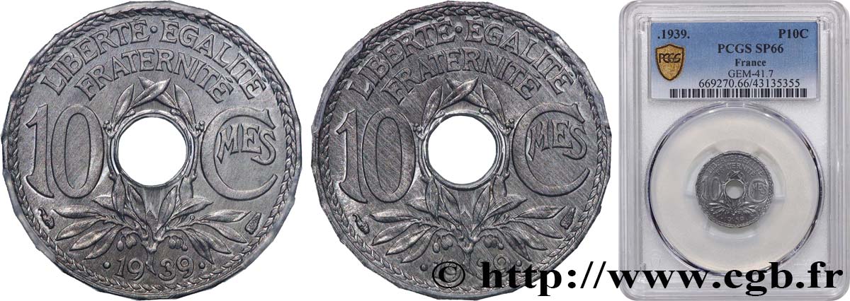 Épreuve double revers de 10 centimes Lindauer en aluminium, tranche à 24 pans 1939 Paris GEM.41 7 ST66 PCGS