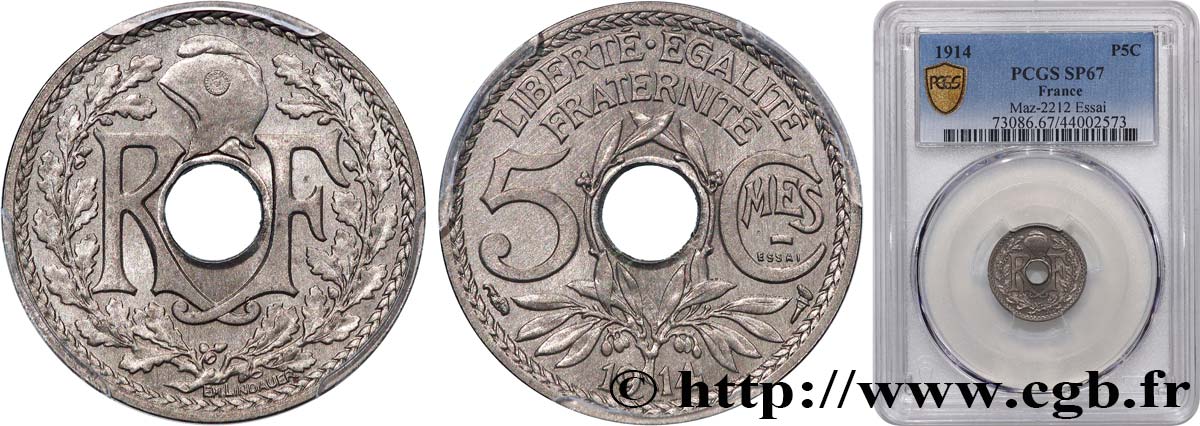 Essai de 5 centimes Lindauer, Cmes souligné 1914 Paris F.120/1 FDC67 PCGS