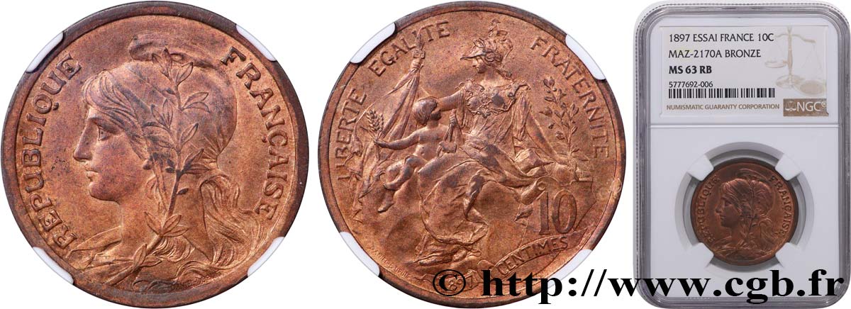 Pré-série de 10 centimes Daniel-Dupuis au ruban 1897  GEM.30 3 MS63 NGC