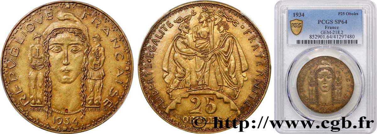 Épreuve privée de 25 Oboles en bronze-aluminium  1934  GEM.218 2 SPL64 PCGS