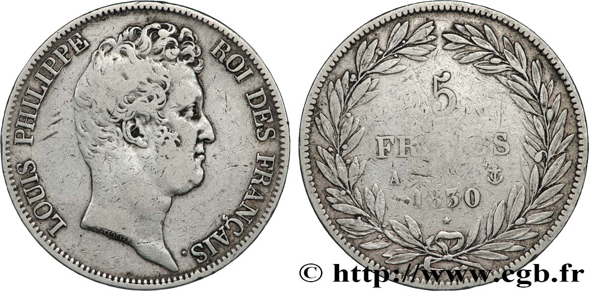 5 francs type Tiolier sans le I, tranche en creux 1830 Paris F.313/1 TB 