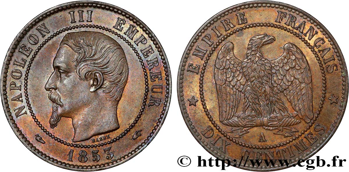 Dix centimes Napoléon III, tête nue 1853 Paris F.133/2 SUP+ 