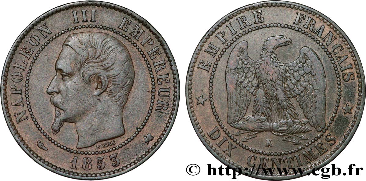 Dix centimes Napoléon III, tête nue 1853 Bordeaux F.133/7 XF45 
