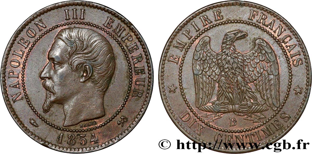 Dix centimes Napoléon III, tête nue 1854 Rouen F.133/12 MBC53 