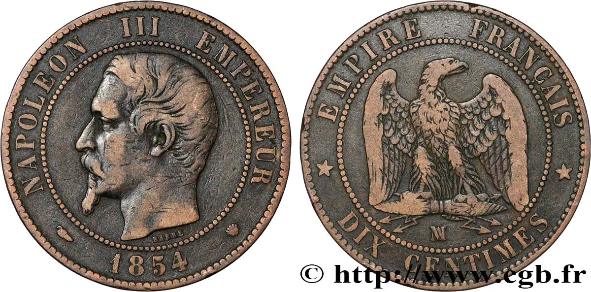 Dix centimes Napoléon III, tête nue 1854 Marseille F.133/17 TB 