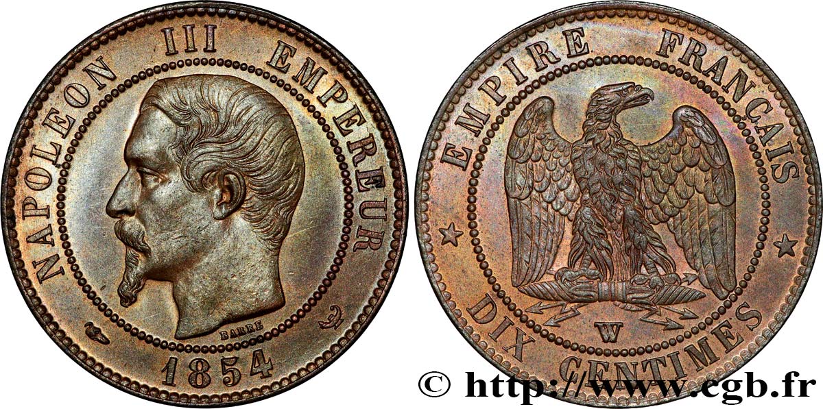 Dix centimes Napoléon III, tête nue 1854 Lille F.133/18 SUP+ 