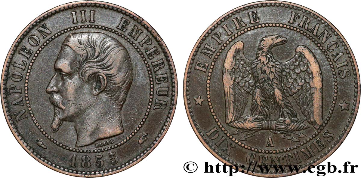 Dix centimes Napoléon III, tête nue 1855 Paris F.133/19 TTB40 