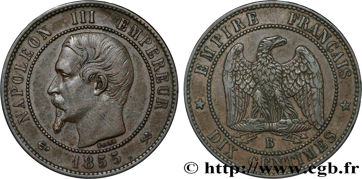 Dix centimes Napoléon III, tête nue 1855 Rouen F.133/22 TTB50 