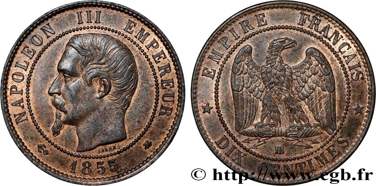 Dix centimes Napoléon III, tête nue, différent ancre 1855 Strasbourg F.133/24 fST63 